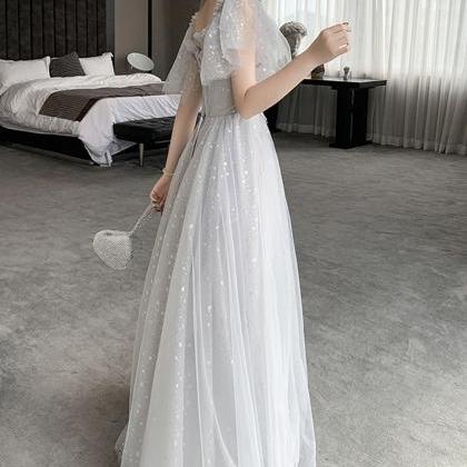 Gray Tulle Sequins Long Prom Dress A Line Evening..