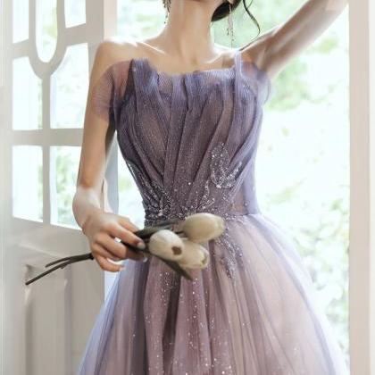 Purple Tulle Sequins Lon Gprom Dress A Line..