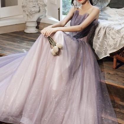 Purple Tulle Sequins Lon Gprom Dress A Line..