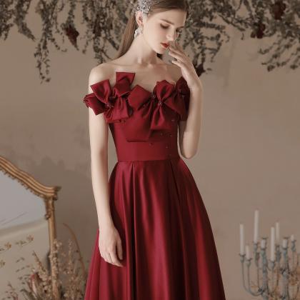 Burgundy Bow Satin Long Prom Gown
