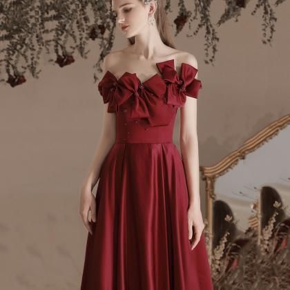 Burgundy Bow Satin Long Prom Gown