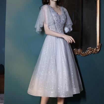 Gray Tulle Sequins A Line Prom Dress Homecoming..
