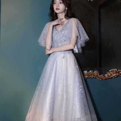 Gray Tulle Sequins A Line Prom Dress Homecoming..