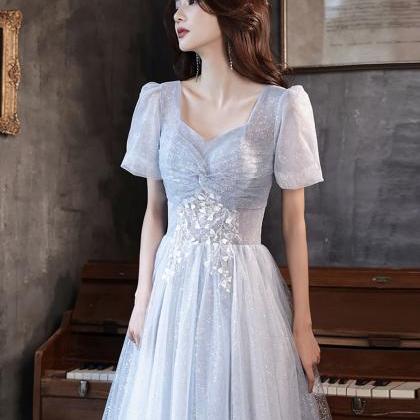 Cute Tulle Beads Long Prom Dress Blue Evening..
