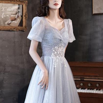 Cute Tulle Beads Long Prom Dress Blue Evening..