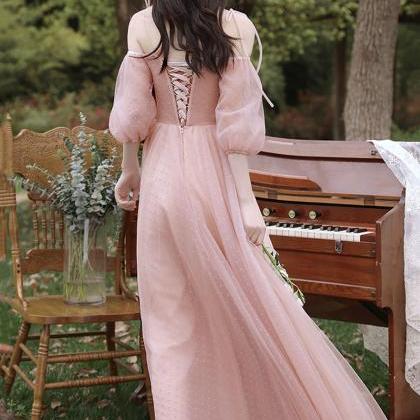 Pink Tulle Long Prom Dress A Line Evening Dress