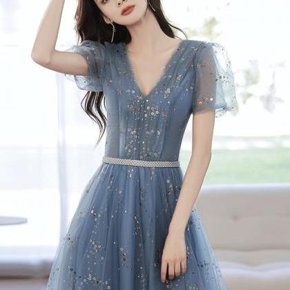 Blue Tulle Seqins Long Prom Dress A Line Evening..