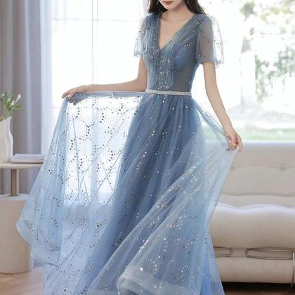 Blue Tulle Seqins Long Prom Dress A Line Evening..
