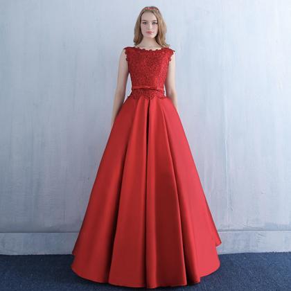 Red Satin Lace Long Prom Dress A Line Evening Gown