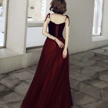 Burgundy Velvet Tulle Long Prom Dress A Line..