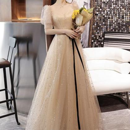 Champagne Tulle Long Prom A Line Evening Dress