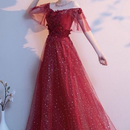 Burgundy Tulle Lace Long Prom Dress A Line Evening..