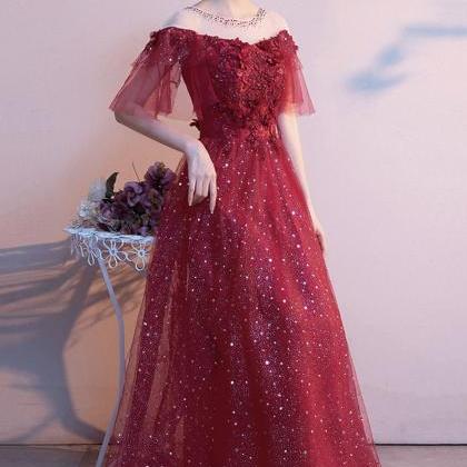 Burgundy Tulle Lace Long Prom Dress A Line Evening..
