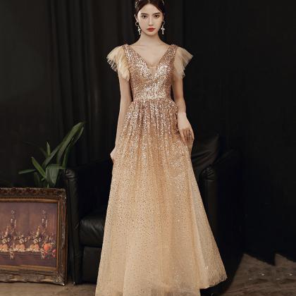 Gold Tule Sequins Long Prom Dress A Ine Evening..