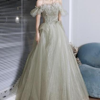 Green Tulle Beads Long Prom Dress A Line Evening..