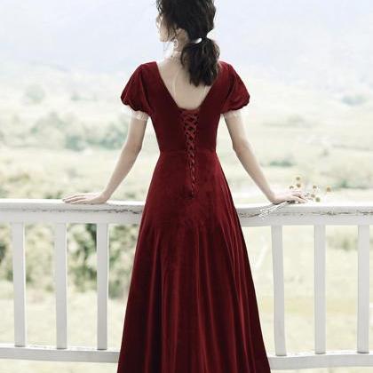Burgundy Velvet Long Prom Dress A Line Evening..