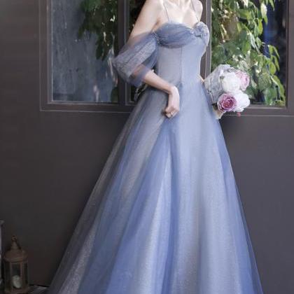 Blue Tulle Long Prom Dress A Line Evening Dress