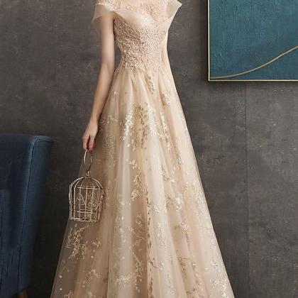 Champagne Tulle Sequins Long Prom Dress A Line..