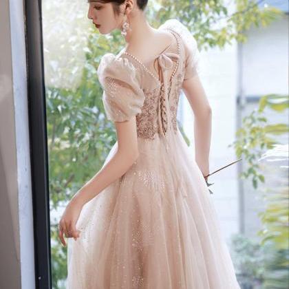 Pink Tulle Beads Long Prom Dress A Line Evening..
