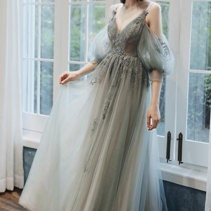 Cute tulle lace long prom dress A line evening dress Y1291