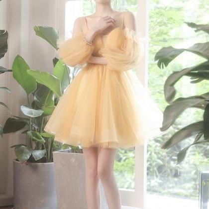 Yellow Tulle Lace Short Prom Dress A Line Evening..