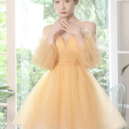 Yellow Tulle Lace Short Prom Dress A Line Evening..