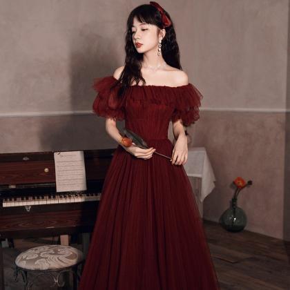 Burgundy Tulle Long Prom Gown Formal Dress