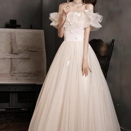 Champagne Tulle Long A Line Prom Dress Evening..