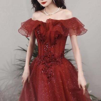 Burgundy Tulle Sequins Long Prom Dress A Line..