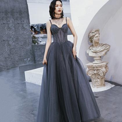 Gray tulle beads long prom dress A line evening dress,DP24581