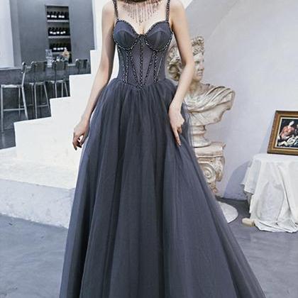 Gray tulle beads long prom dress A line evening dress,DP24581 main image 1
