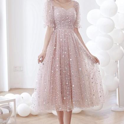 Straps Tulle Dusty Pink Prom Dress Short With Sequins
