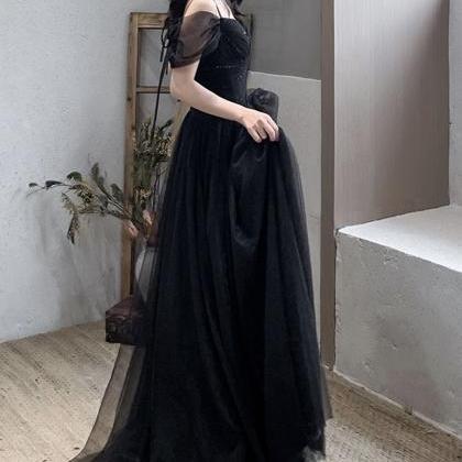 Black V-neck Tulle Long Prom Dress Black Evening..