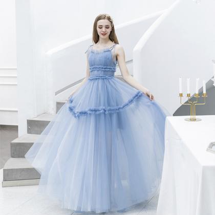 Blue Tulle Long Prom Dress A-line Evening Dress