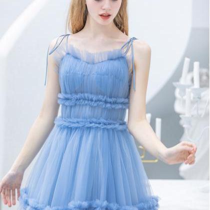Blue Tulle Long Prom Dress A-line Evening Dress