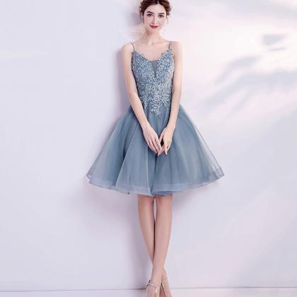 Blue Tulle Lace Short Prom Dress Homecoming Dress