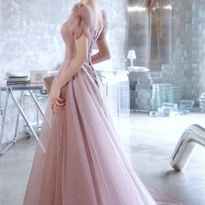 Pink Tulle Sequins Long Prom Dress Pink Evening..
