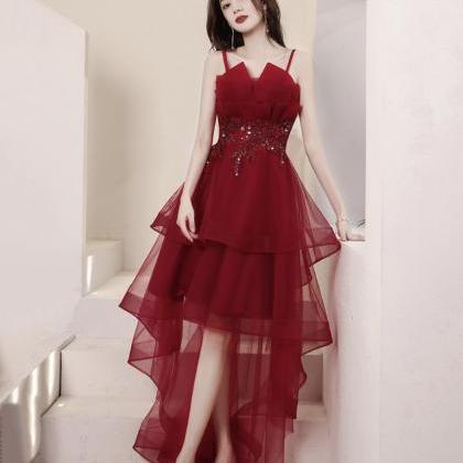 Burgundy Lace High Low Prom Dresses, A-line..