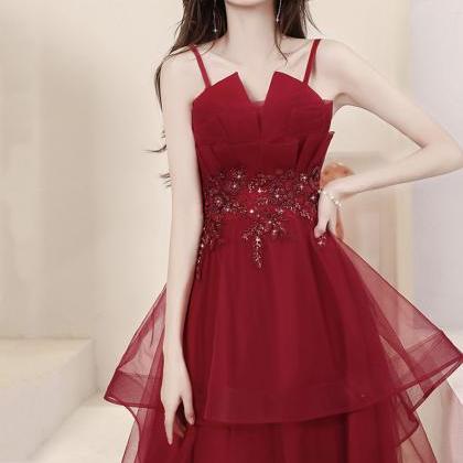 Burgundy Lace High Low Prom Dresses, A-line..