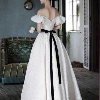 White Jacquard Long Prom Dresses, A-line Formal..