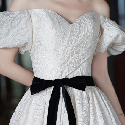 White Jacquard Long Prom Dresses, A-line Formal..