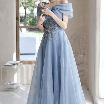 Blue Tulle Long A-line Prom Dresses, Off The..
