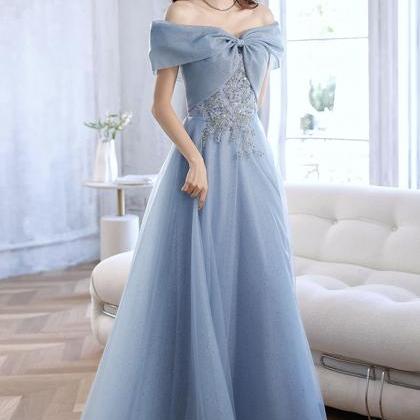 Blue Tulle Long A-line Prom Dresses, Off The..