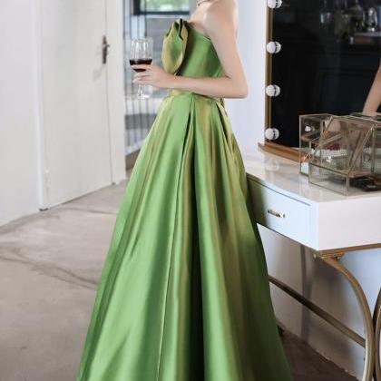 Green Strapless Satin Long Prom Dresses, A-line..