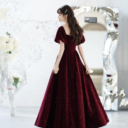 Burgundy Velvet Long Prom Dress, A-line Short..