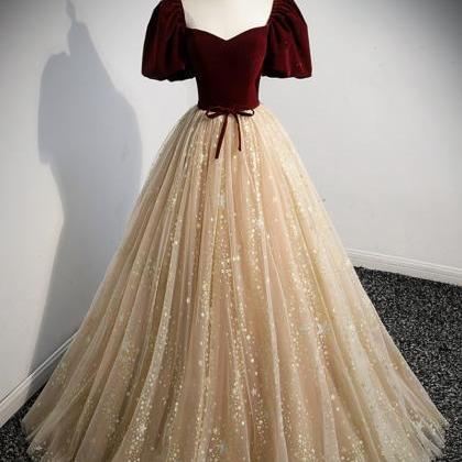 Burgundy Velvet Tulle Long Prom Dress, A-line..