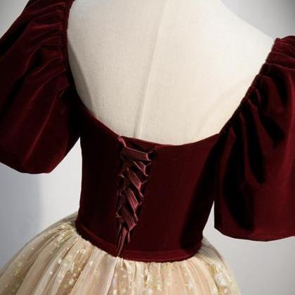 Burgundy Velvet Tulle Long Prom Dress, A-line..