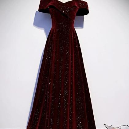 Burgundy Velvet Long Prom Dress, Off The Shoulder..