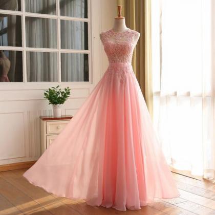 Pink Lace Long Prom Dresses,elegant A-line Lace..