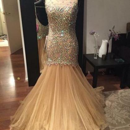 Golden Slim Long Prom Dress,sexy Mermaid Beading..